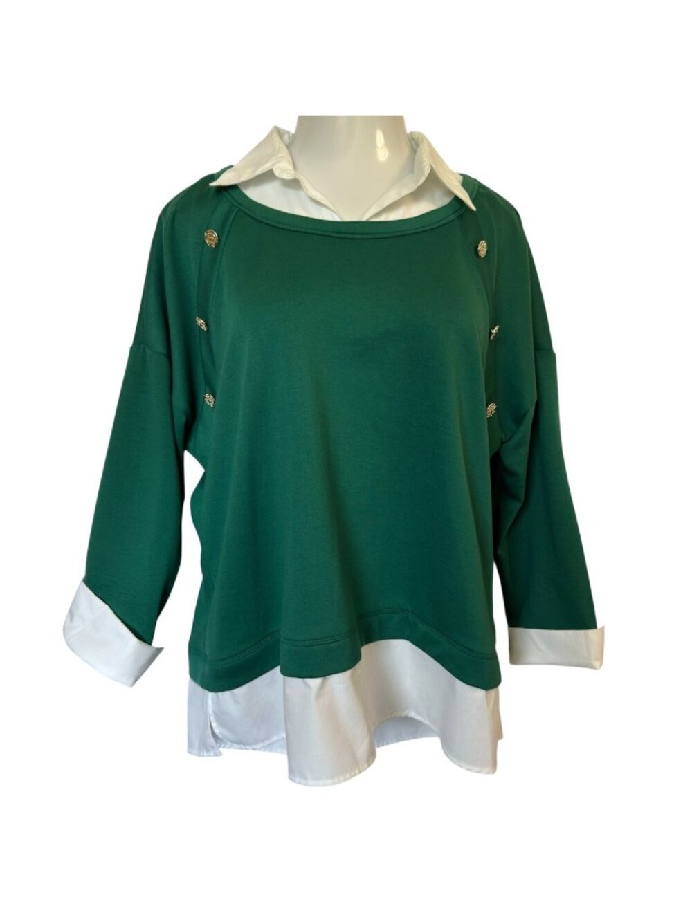 Vtg French Laundry Womens 1X Top Green Layered-Look Buttons White Collar 3/4